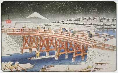Een brug in Yedo met de berg Fuji op de achtergrond
