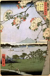 Honderd beroemde uitzichten van Edo: Massaki en het Suijin-bos bij de Sumida-rivier