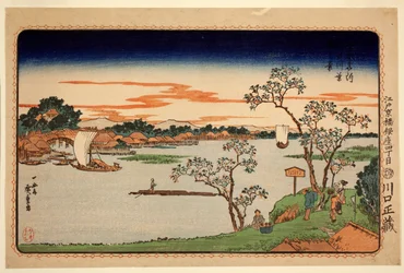 Kersenbomen in blad naast de Sumida-rivier, uit de serie Beroemde plaatsen in de oostelijke hoofdstad, ca. 1831 (kleur houtsnede)