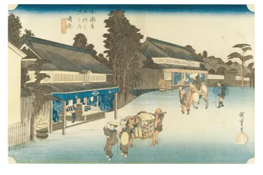 Narumi: Beroemde Arimatsu tie-dyed stof uit de serie De drieënvijftig staties van de Tokaido, ca. 1831-1834 (houtsnede op papier)