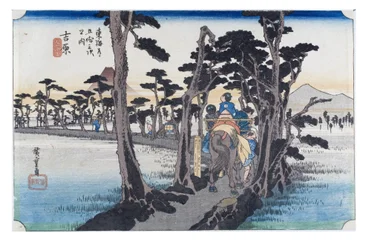 Nr. 15 Yoshiwara - De berg Fuji links, Edo-periode, ca. 1833-34 (houtsnede op papier)