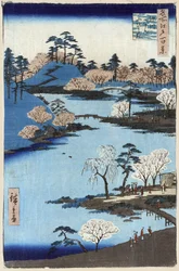 Open tuin bij Fukagawa Hachiman-schrijn, Edo, Japan, houtsnede door Ando Hiroshige