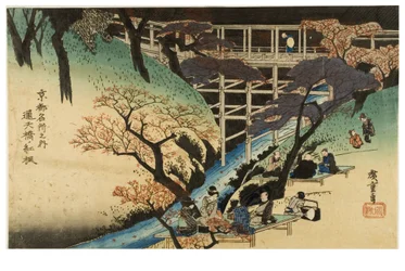 Rode esdoorns bij de Tsutenkyo Brug uit de serie Beroemde plaatsen in Kyoto, ca. 1833-1835 (houtsnede op papier)