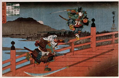Samurai-gevecht Japanse prent door Hiroshige Utagawa (1797-1858). 19e eeuw. Parijs, Guimet Museum, Nationaal Museum voor Aziatische Kunsten