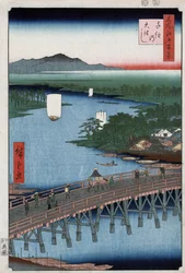 De grote brug van Senju over de Sumida-rivier, met bergen op de achtergrond, houtsnede door Ando Hiroshige