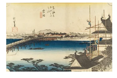 Yoshida: Brug over de rivier Toyokawa uit de serie De drieënvijftig staties van de Tokaido, ca. 1831-1834 (houtsnede op papier)