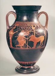 Attische roodfigurige buikamfoor met Herakles die Kerberos vangt, Grieks, uit Athene, 6e eeuw v.Chr.
