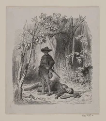 Een bandiet staande naast een jonge man die hij heeft vermoord