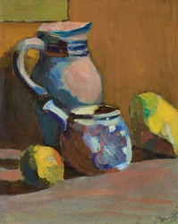 Stilleven met blauwe pot