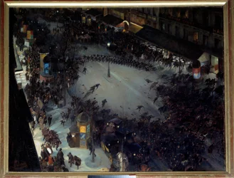 De charge, Boulevard Montmartre. Scène van demonstraties in Parijs. Schilderij van André Devambez (1867-1944), 1901. Afm. 1,27 x 1,62 m. Parijs, Musée d