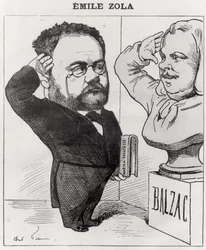 Karikatuur van Emile Zola die een buste van Honore de Balzac groet, 1878