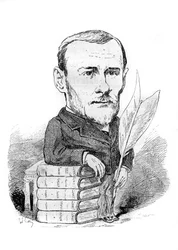 Cartoon door Georges Ohnet (1848-1918), een Franse schrijver, afgebeeld met zijn boeken en pen. Tekening door Andre Gill. Gravure in "Le Monde Illustré"