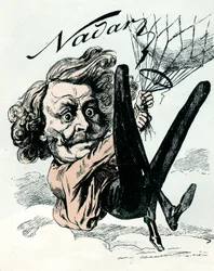 Cartoon van Felix Nadar, pionier van luchtfotografie in 1858, hier hangend aan zijn ballon (gravure)