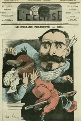 Cartoon de huzaar vervolgt (door Marianne die zijn neus doet), Monsieur de Saint-Genest. Omslag in L