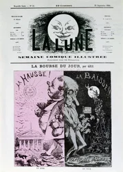Gills beursbeurs van de dag. In roze: de stijging van de frank. In zwart: dalende en slechte aandelen. De beurzen vertrekken naar België. Een nummer van de krant „La Lune“ van 16 september