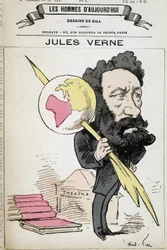Jules Verne knijpt de aarde aan zijn pen - door Gill, in 