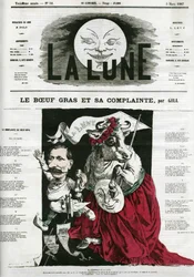 Le Beeuf gras et sa lamentte, illustratie van een lied. Karikatuur door Gill, in 