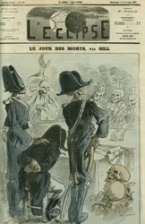 Op de dag van de doden, Napoleon III (1808-1873) voor een skeletvergadering voor de nederlaag van Sedan. Omslag in 