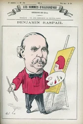 Portret van Benjamin Raspail (1823-1899), een Franse schilder en politicus, hij was de oorsprong van de wet die 14 juli tot nationale feestdag maakte. Cartoon door Gill, Parijs.