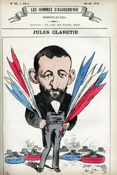 Portret van Jules Claretie (1840-1913), Franse romanschrijver, toneelschrijver en criticus. Cartoon door Gill, in 