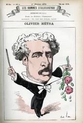Portret van Olivier Metra (1830-1889), Franse acteur, populaire componist. Cartoon door Gill, in 