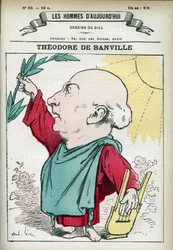 Portret van Théodore de Banville (1823-1891), een Franse dichter en een van de leiders van de Parnassiaanse school. Karikatuur door Gill, Parijs.