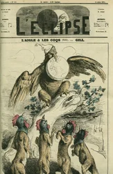 De adelaar en de hanen, volgens de fabel, de Napoleontische adelaar houdt Frankrijk in zijn snavel klaar om het los te laten aan vossen met een hanenkop. Omslag in L