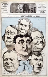 De portretten van Léonce, Berthelier, Poppy Cadet, Dupuis, Pradeau en Baron, theaterauteurs. Cartoon door Gill in “L