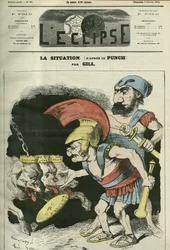 De situatie, cartoon door Adolphe Thiers (1797-1877) en Leon Gambetta (1838-1882) die een ministerie geven aan royalistische en bonapartistische honden. Omslag in 