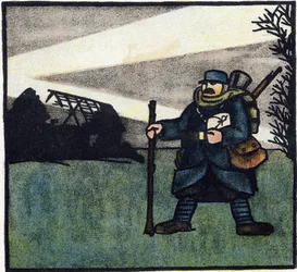 Eerste Wereldoorlog 1914-1918: Harige. Portret van een Franse soldaat in militair uniform met rugzak, tas en geweer. Gravure in 