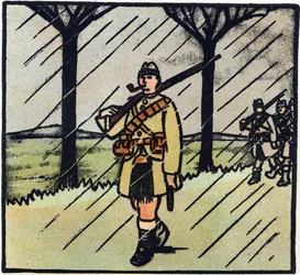 Eerste Wereldoorlog 1914-1918: Schot. De soldaten uit Schotland kwamen de Franse leger helpen. Hun militaire uniform bestaat uit een kilt. Gravure in 