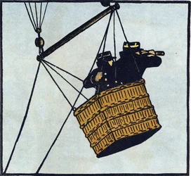 Eerste Wereldoorlog 1914-1918: Waarnemers (observatiepost) van het Franse leger in een gevangengenomen ballon proberen de vijand te spotten. Gravure in 
