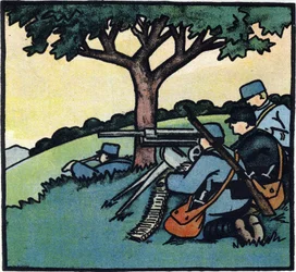 Eerste Wereldoorlog 1914-1918: Soldaten van het Franse leger gebruiken machinegeweren op de slagvelden. Gravure in 