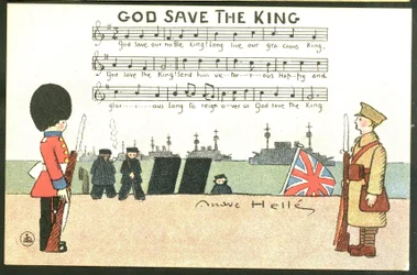 Ansichtkaart, satirisch in kleuren: God save de king - Oorlog van 14 -18, Engeland Groot-Brittannië, Zingen - Soldaten Illustratie door Andre Helle (1875-1945)