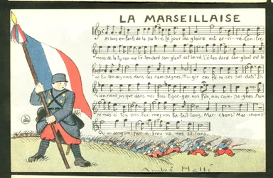 Prentkaart, Satirisch in Kleuren: La Marseillaise - Oorlog van 14-18, Marseillaise, Zingende Illustratie door Andre Helle (1875-1945)