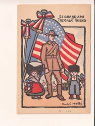 Ansichtkaart, Satirisch in Kleuren: Le grand ami de grote vriend - Oorlog van 14 -18, Amerika, Elzas-Lotharingen Illustratie door Andre Helle (1875-1945)