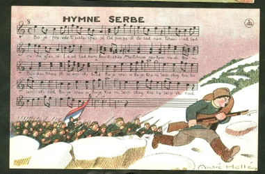 Satirische Ansichtkaart: Servisch Volkslied - Oorlog van 14-18, Lied, Servië - Soldaten Illustratie door Andre Helle (1875-1945)