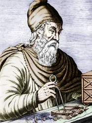 Archimedes (287-212 v.Chr.), Grieks-Siciliaanse natuurkundige en wiskundige, ingekleurde gravure