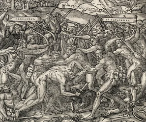 Slag tussen Margageaz en Tabajares stammen (gravure)