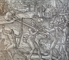 Slag tussen inboorlingen in Canada, gravure uit Cosmographie Universelle