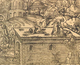 Christelijke begraafplaats van Acheldemach, gravure uit Cosmographie universelle, door Andre Thevet, Parijs