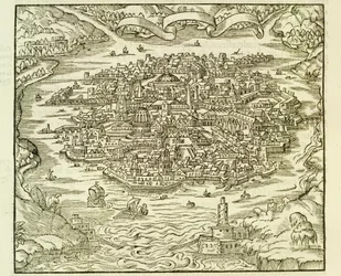 Stad Quinsai (nu Tianjin), gravure uit La Cosmographie Universelle (Universele Kosmografie) door Andre Thevet