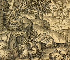 Getrouwe aanbidding van godin Tata Baba in de regio Moskou, gravure uit Cosmographie Universelle, door Andre