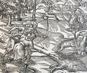 Indianen jagen op wilde zwijnen, gravure uit Universele Kosmologie, door Andre Thevet, Parijs