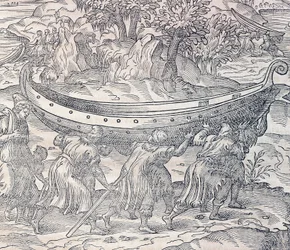 Lappen dragen hun boten van de ene plaats naar de andere, gravure uit Universal Cosmology, door Andre Thevet, Parijs