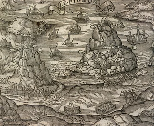Zeeslag bij het eiland Le Pignon, gravure uit Cosmographie universelle, door Andre Thevet, Parijs