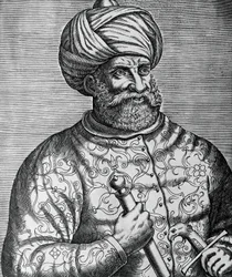 Portret van Khayr al-Din, bekend als Barbarossa (1465-1546), Turkse kaper en admiraal, gravure door Andre Thevet (1502-1590)