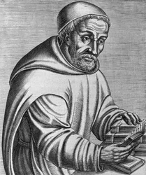 Portret van Rabanus Maurus Magnentius (gestorven 856), Duitse Benedictijnse monnik en theoloog, gravure uit Les vrais pourtraits et vies des hommes illustres grecz, latins et payens, door Andre Thevet