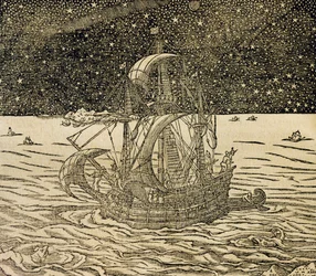 Zeelieden die de noordelijke route volgen, gravure uit Universele Kosmologie, door Andre Thevet, Parijs