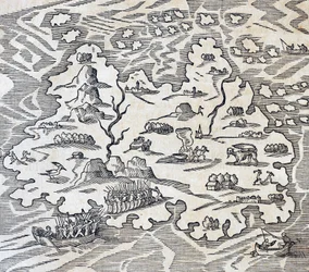 Trinity Island, gravure uit Universele Kosmologie, door Andre Thevet (1504-1592), Parijs